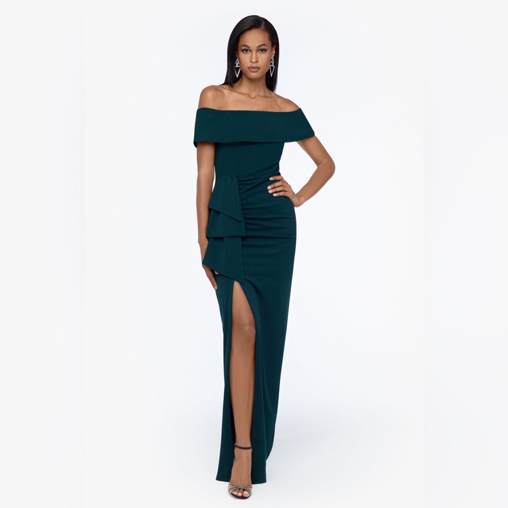 Xscape Long Off The Shoulder Scuba Crepe Dress In Pine Color Size 6 NWT